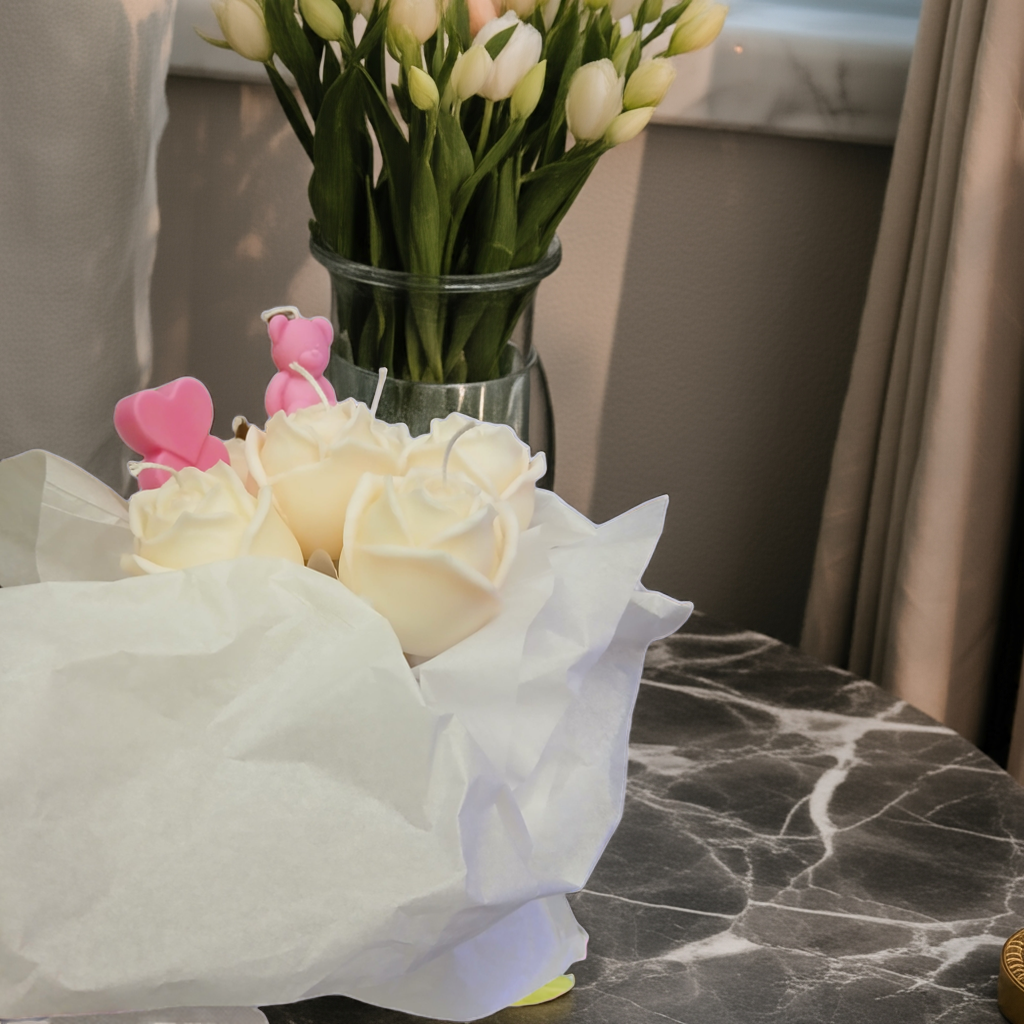 Delicately crafted white rose candle with realistic petal details, a romantic centerpiece by Scent Fushion – Charleston, WV artisan candle maker.