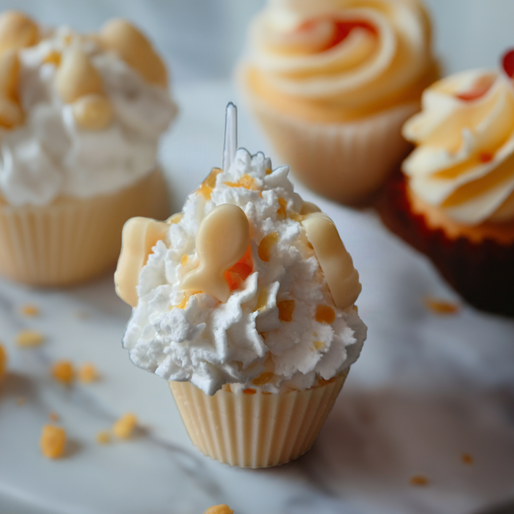 Scent Fushion Candles - Mini cat cupcake candles in white and light orange hues with tropical orange mango fragrance.