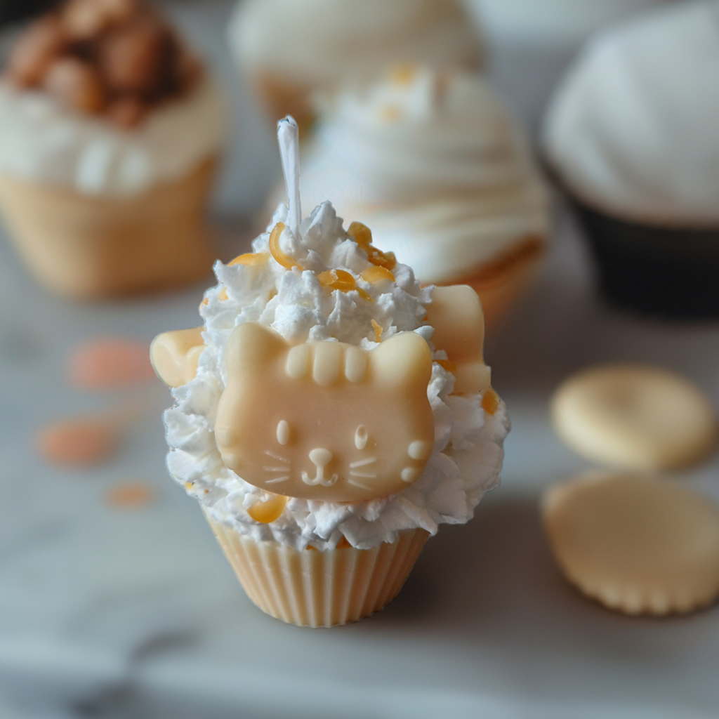 Scent Fushion Candles - Whiskered Fish & Cat Cupcake Candles with orange mango scent for cat-themed parties.