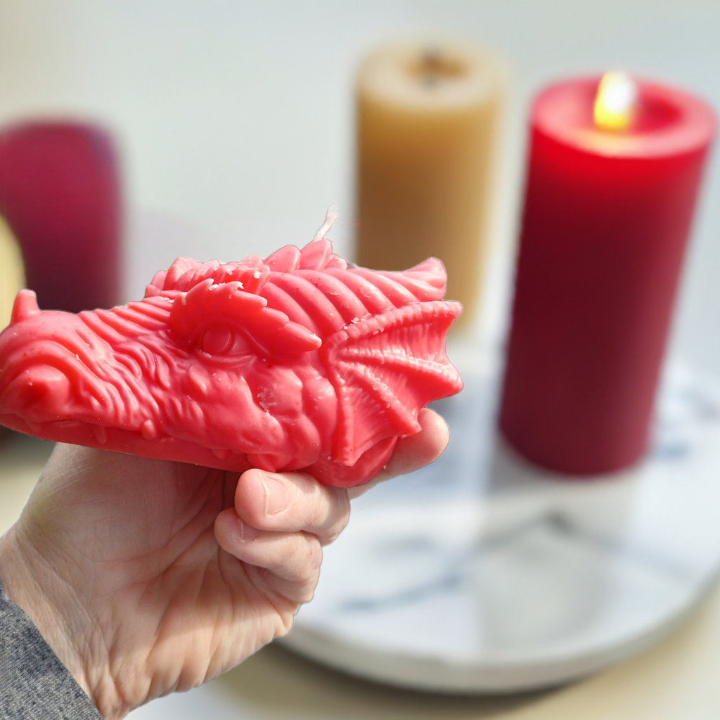 Side profile of 10oz dragon head wax candle handcrafted in Charleston, WV