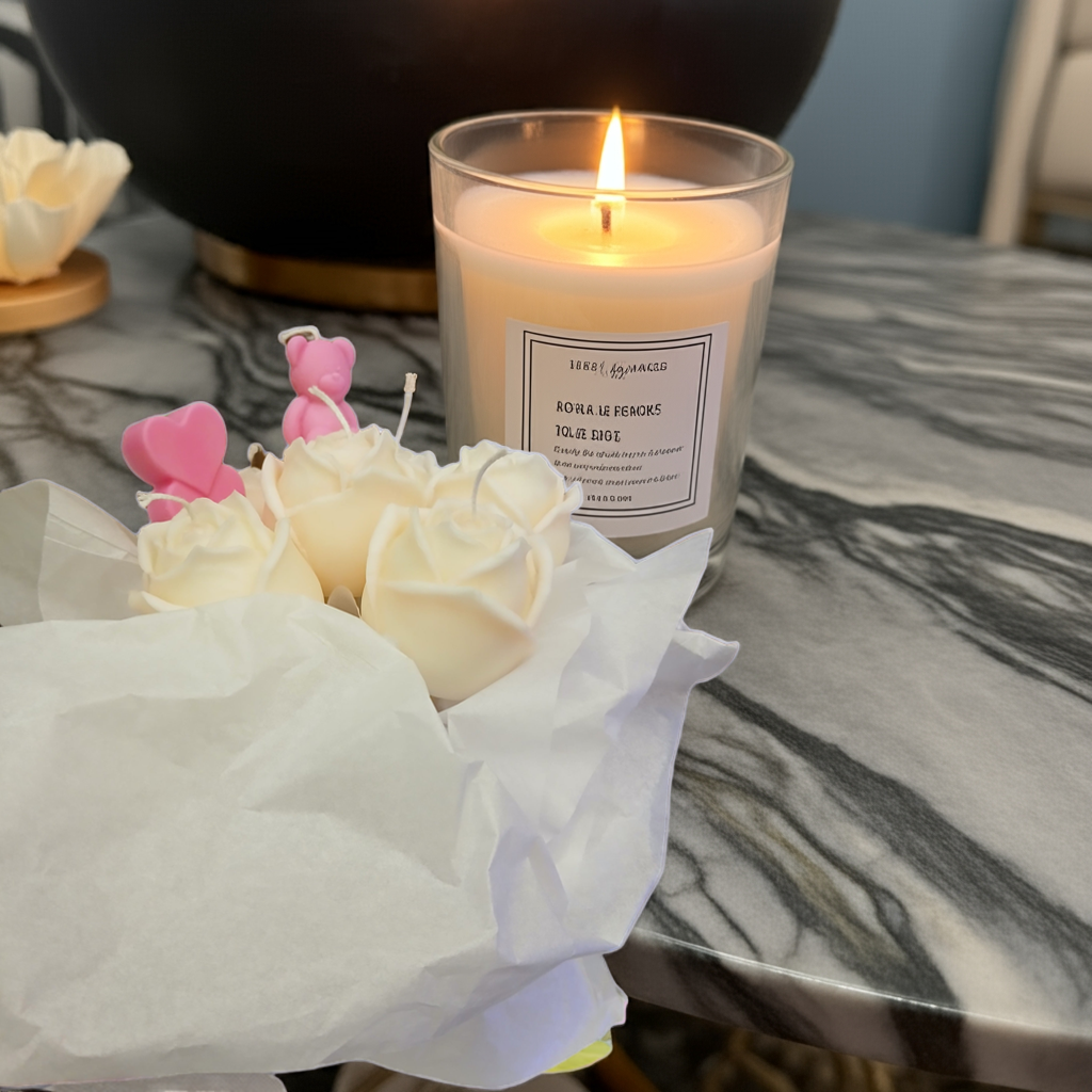 White Roses Bouquet Candle in elegant white wax, shaped like a blooming rose arrangement – handmade by Scent Fushion in Charleston, WV.