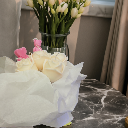 Delicately crafted white rose candle with realistic petal details, a romantic centerpiece by Scent Fushion – Charleston, WV artisan candle maker.