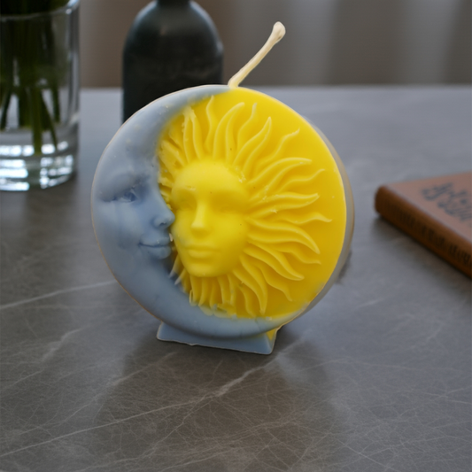 "Handmade Sun & Moon Soy Candle by Scent Fushion Candles, featuring a calming blend of citrus, lavender, and woodsy notes, crafted in West Virginia."