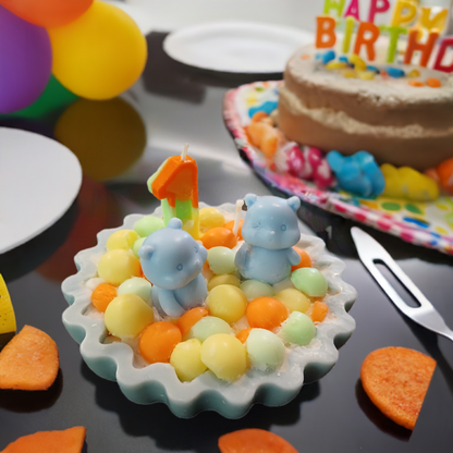A charming birthday bear candle in a bowl with a colorful party hat, perfect for 1 to 8-year-olds' birthdays Scent Fushion Candles