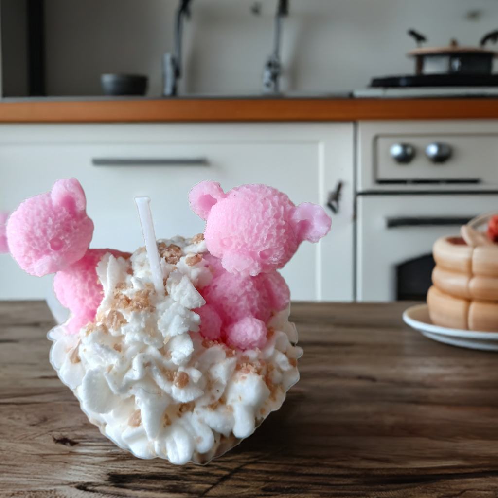 Handmade mini bear candles with whipped chocolate frosting, designed by Scent Fushion Candles, perfect for home decor.