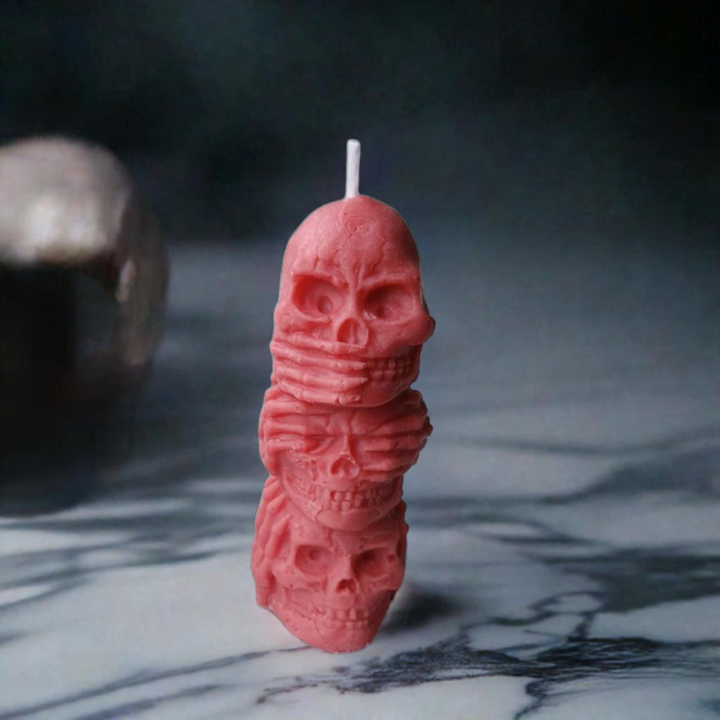 3oz Totem Halloween Speak/Hear/See No Evil Skulls Candle from Scent Fushion Candles, eco-friendly wax and unique stacked skull design to enhance your Halloween atmosphere.