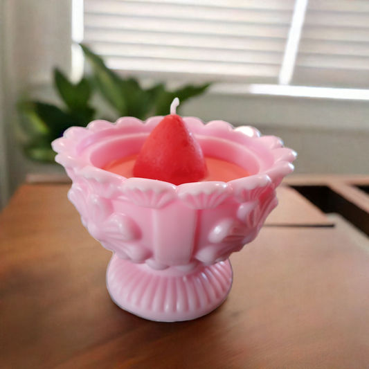 Limited Edition Pink Strawberry Candle by Scent Fushion Candles, hand-poured in an antique-style glass goblet with soy wax for a luxury aesthetic.