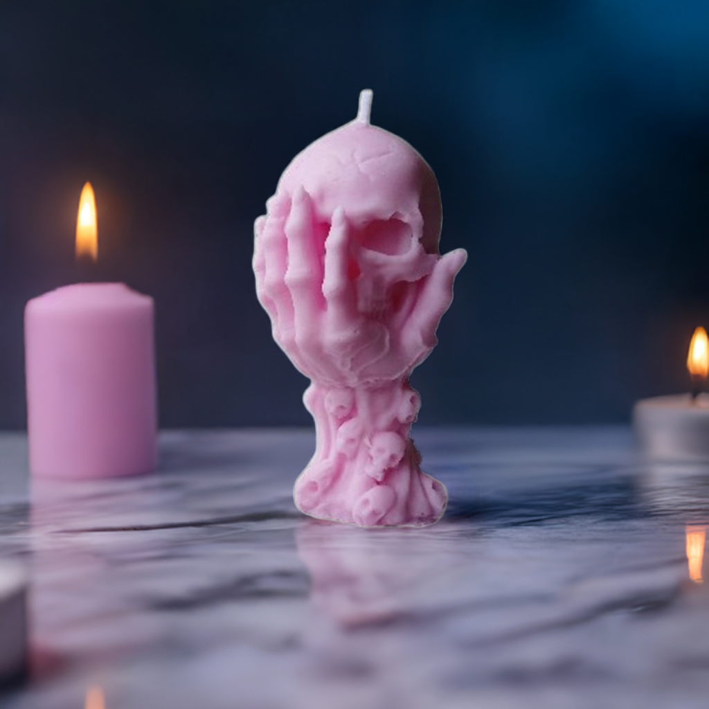 Grey or Pink Hand-poured Hoodoo Skull Candle for Ritual 3 oz by Scent Fushion Candles, designed for Halloween witchcraft and spiritual rituals.