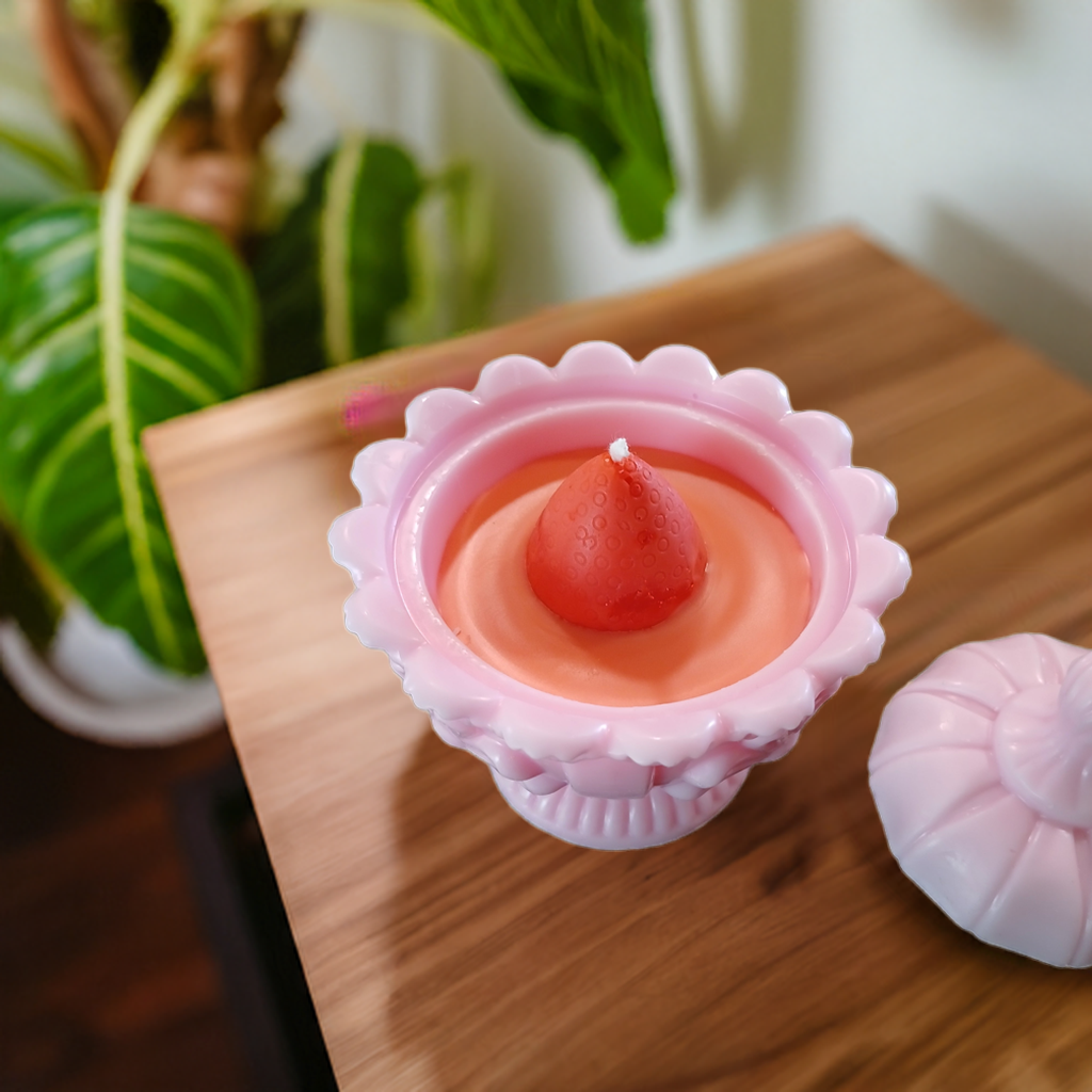 Handmade 15 oz pink strawberry candle in a decorative antique-style goblet by Scent Fushion Candles, designed for romantic home decor.