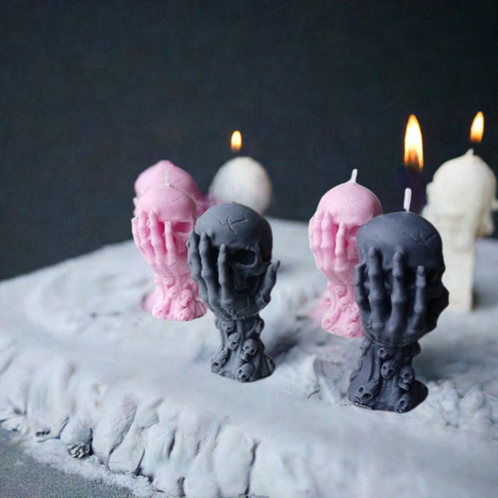 Handcrafted Grey or Pink Hoodoo Skull Candle, 3 oz size, ideal for witchcraft rituals and manifestation practices Scent Fushion Candles.