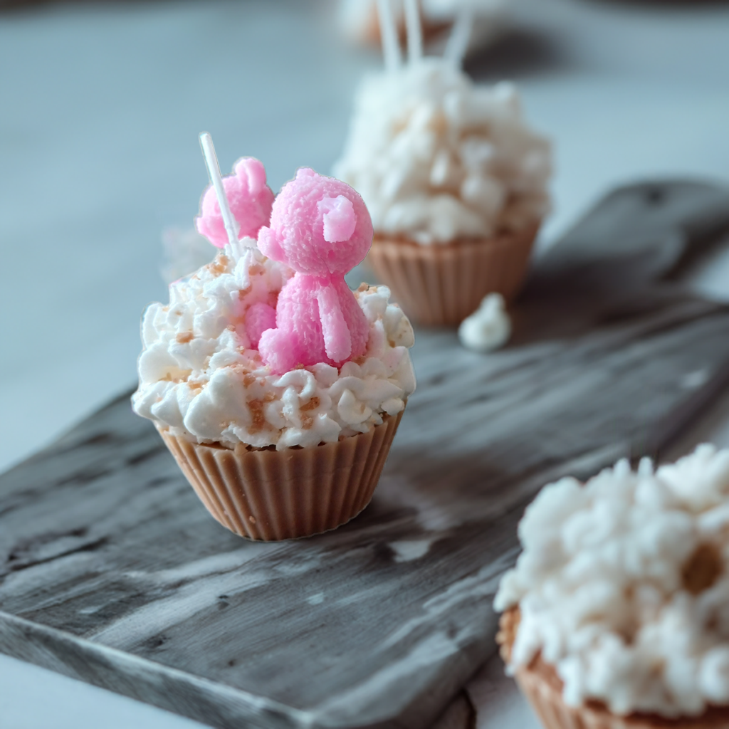 Whimsy Bears: Whipped Chocolate Cupcake Candle Duo by Scent Fushion Candles – Handmade pink bear candles with chocolate frosting scent.