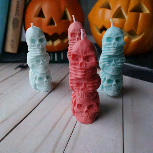 Totem Halloween Speak/Hear/See No Evil Skulls candle 3oz by Scent Fushion Candles with eerie stacked skull design for spooky decor.