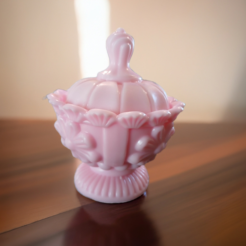 Scent Fushion Candles' pink strawberry-scented wax candle in a vintage-inspired glass, perfect for home decor, gifting, and cozy ambiance.