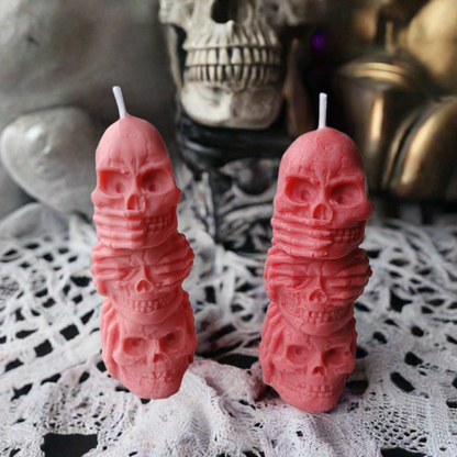 Scent Fushion Candles 3oz Halloween skull candle featuring Speak/Hear/See No Evil design, perfect for spooky decor.