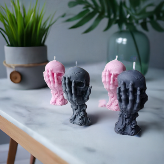 Grey Hand-poured Hoodoo Skull Candle for ritual magic and manifestation spells with eco-friendly soy wax Scent Fushion Candles