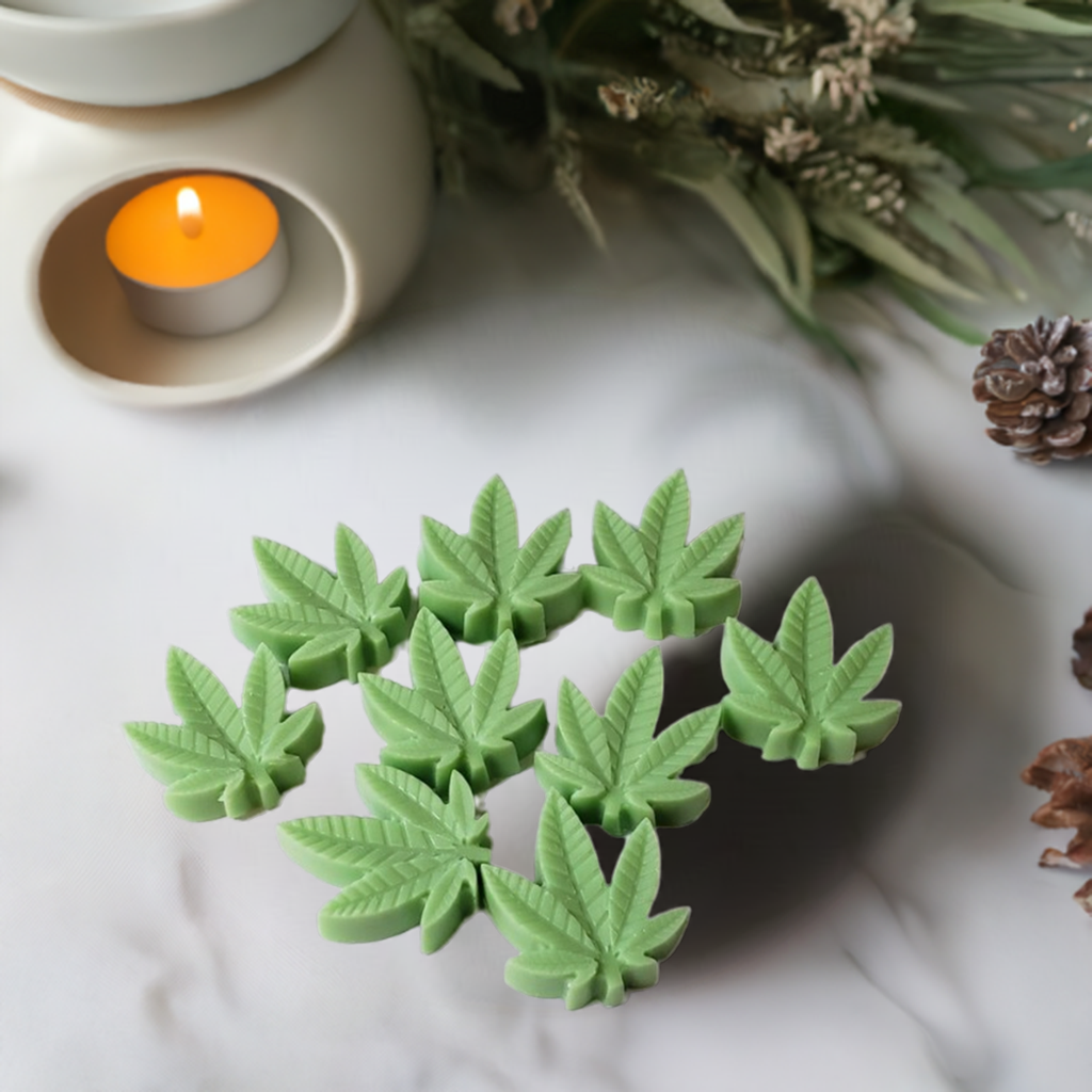 Non-toxic cannabis-scented wax melts offering a calming, flame-free aroma for your space