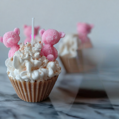 Scent Fushion Candles Whimsy Bears: Pink bear cupcake candles with chocolate sprinkles and a delightful whipped frosting aroma.