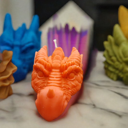 Front view of Mystical Dragon Head Wax Candle, 10oz handmade gothic decor by Scent Fushion Candles