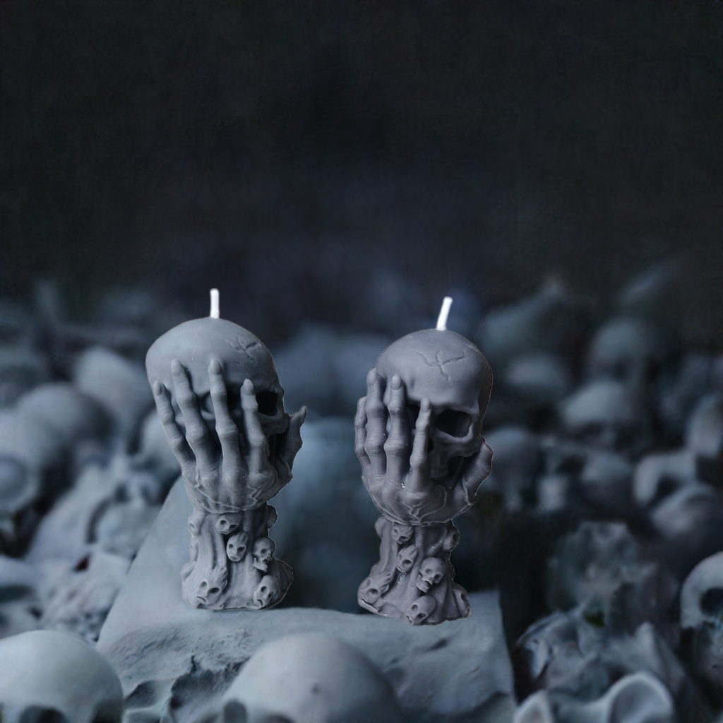 Eco-friendly 3 oz Hand-poured Hoodoo Skull Candle in grey or pink, perfect for Halloween rituals and spiritual work.