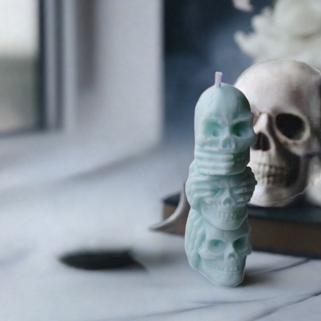 Totem Halloween Speak/Hear/See No Evil Skulls Candle 3oz by Scent Fushion Candles, featuring stacked skulls in a gothic design, perfect for Halloween decor and spooky ambiance.