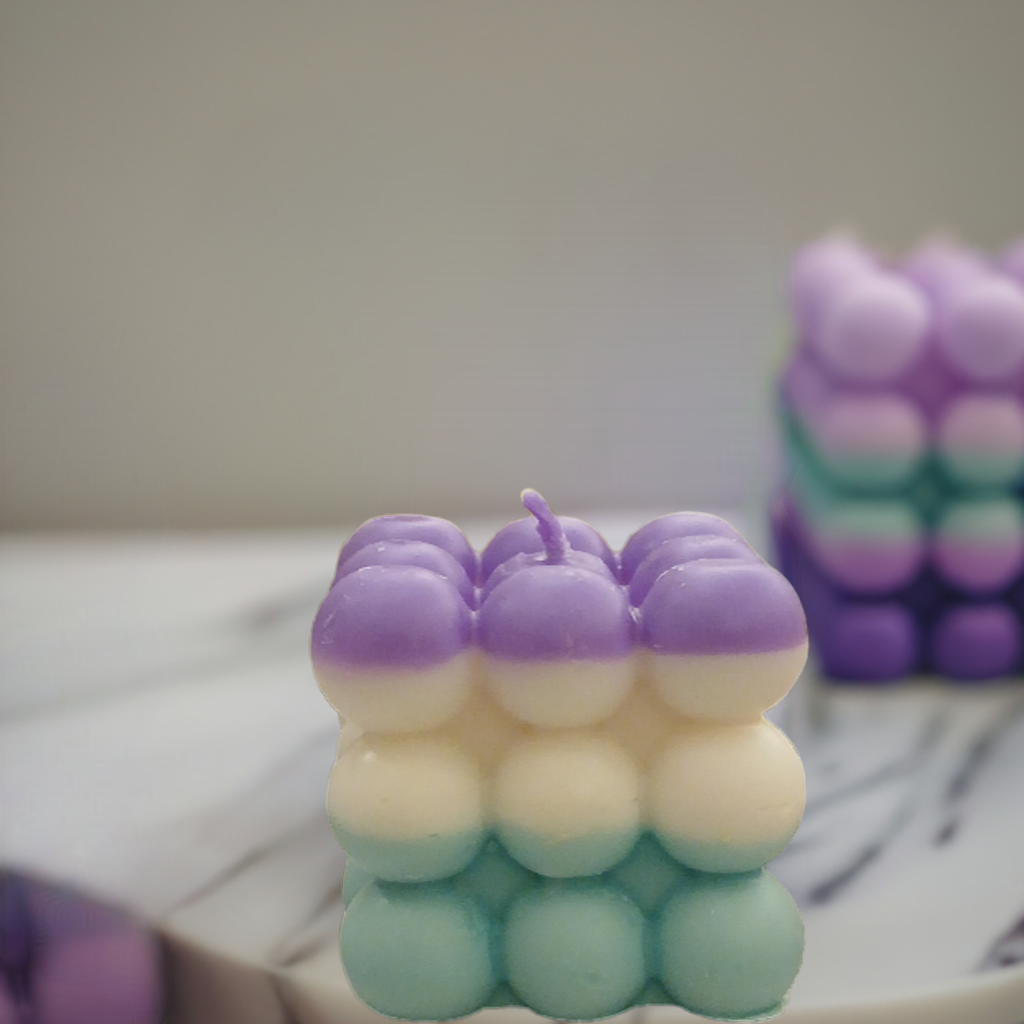 Colorful wax bubble candle on a modern home décor display