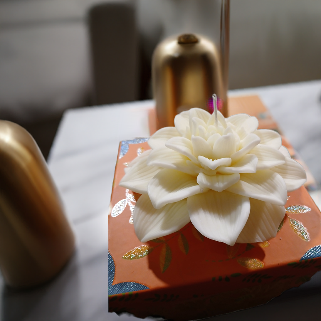 Handmade gift-ready lotus flower candle with calming scent – crafted by Scent Fushion Candles in West Virginia.
