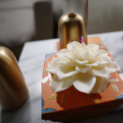 Handmade gift-ready lotus flower candle with calming scent – crafted by Scent Fushion Candles in West Virginia.