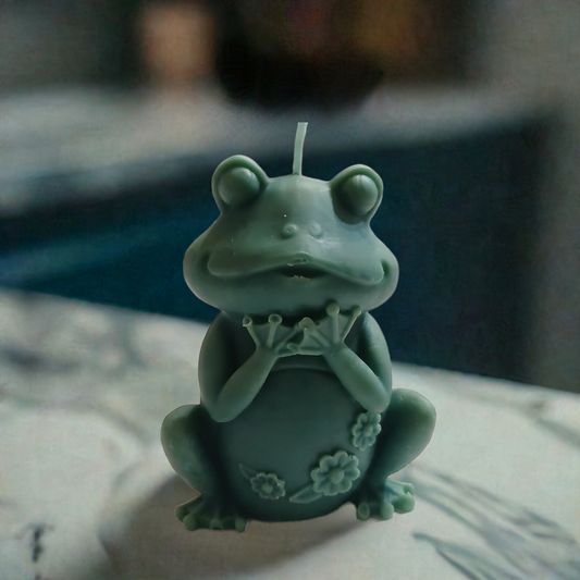 Hand-poured Frog Candle with wildflower petals, 3oz, eco-friendly gift by Scent Fushion Candles.